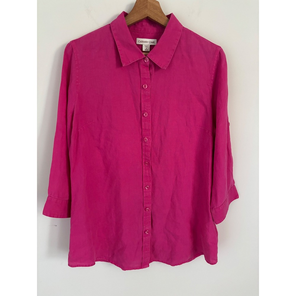 Coldwater Creek Women Fuchsia Pink 100% Linen Roll Tab Sleeve Button Shirt M